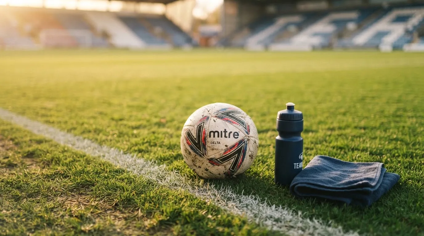 Ein Fußball auf einer Wiese neben der Seitenlinie, daneben eine Trinkflasche ohne Aufdruck und ein Handtuch.