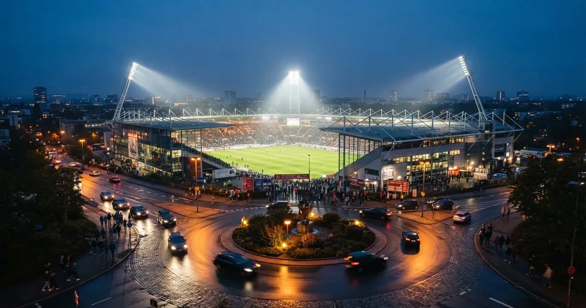 Ein Fußballstadion in der Dämmerung aus der Ferne, die Flutlichter gerade eingeschaltet, davor ein Kreisverkehr mit Laternen.