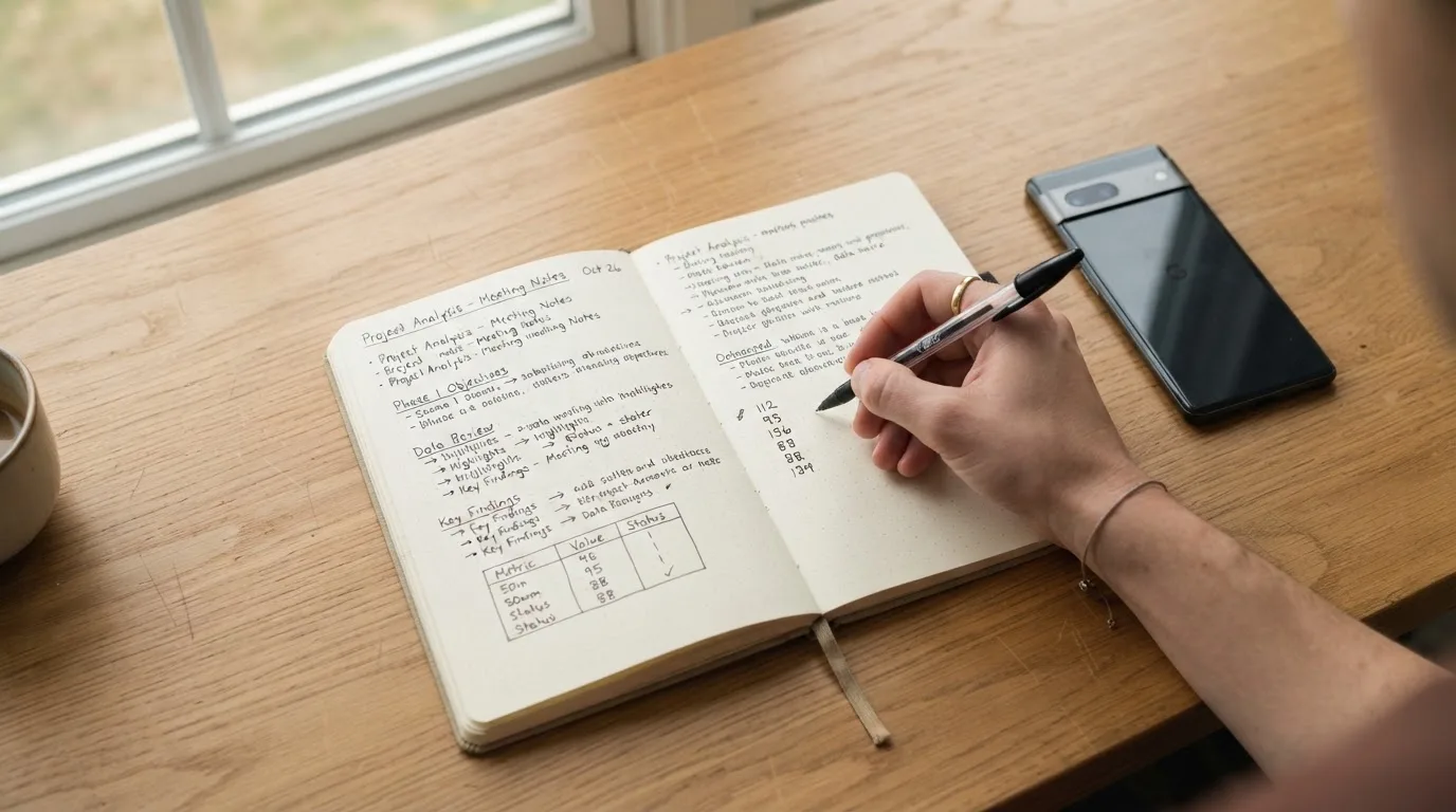 Ein Notizbuch mit handschriftlichen Notizen und ein Taschenrechner liegen auf einem Schreibtisch neben einem Smartphone mit dunklem Display.
