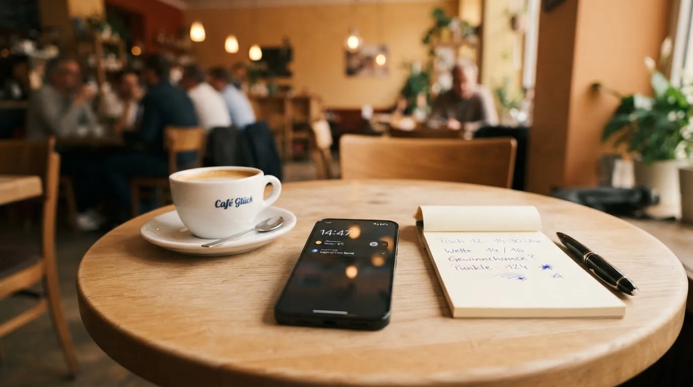 Ein Smartphone liegt mit schwarzem Display neben einer Kaffeetasse und einem Notizblock auf einem Café-Tisch.