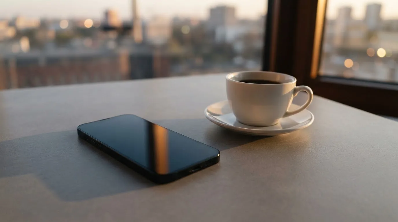 Ein Smartphone mit dunklem Display liegt neben einer Kaffeetasse auf einem Schreibtisch, durch das Fenster fällt Abendlicht.