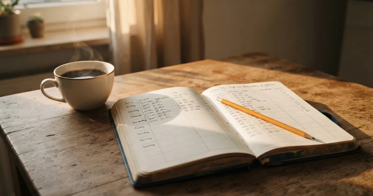 Ein aufgeschlagenes Notizbuch mit handgezeichneten Spalten und Strichen liegt neben einem Bleistift und einer Kaffeetasse auf einem Tisch am Morgen.