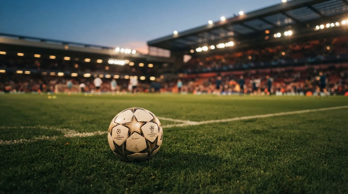 Ein Fußball liegt auf einem Rasenplatz in der Dämmerung, im Hintergrund ein ferner Stadionrand unter Flutlicht.
