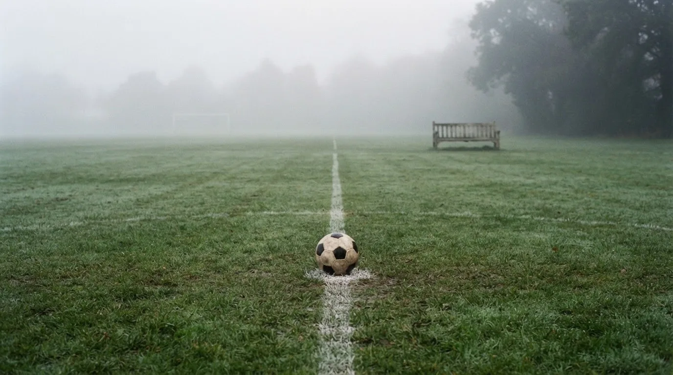 Ein Fußball liegt in der Mitte eines leeren Rasenplatzes im Morgennebel, am Rand steht eine einzelne Auswechselbank.