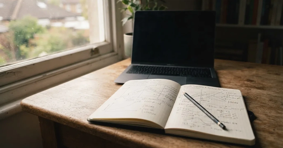Ein Laptop-Bildschirm bleibt dunkel, davor ein Notizbuch mit handgezeichneten Kurven und ein Bleistift auf einem Schreibtisch am Fenster.