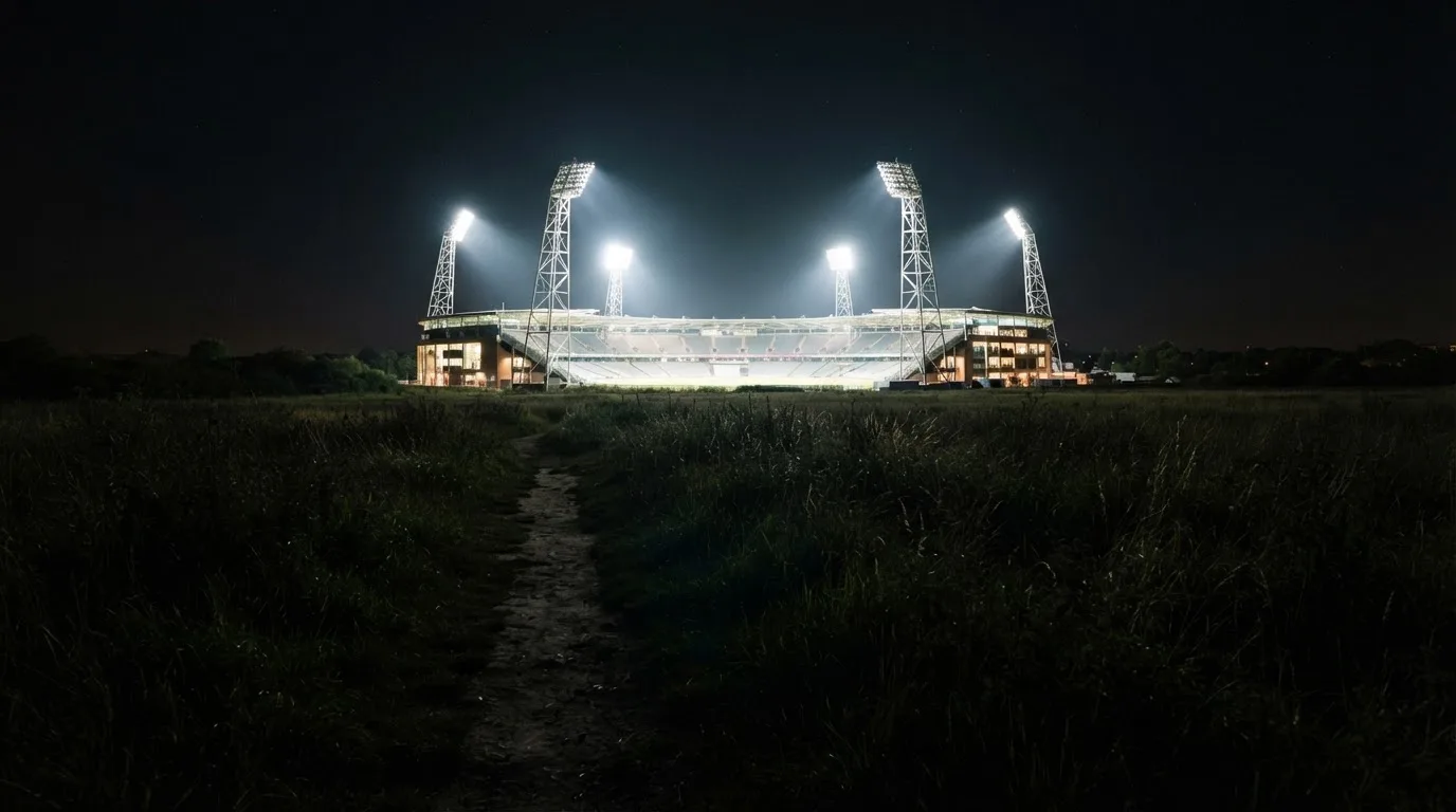 Ein Stadion unter Flutlicht von weitem gesehen, davor ein Feld und ein Feldweg im Dunkeln.